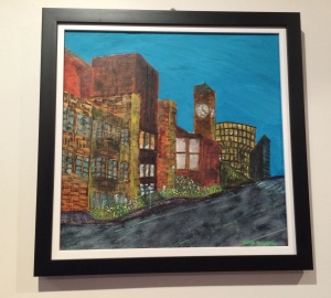 "In Town" by Margo Humphries - Size 54x54cm. Framed $210. Acrylic & ink on board